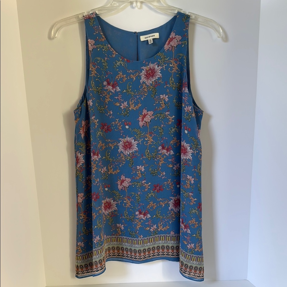 Max Studio Floral Blue Lined Sleeveless Blouse Size S